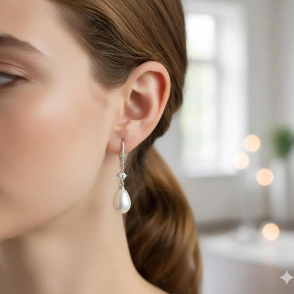 Diamond Pearl Earrings, Simple Freshwater Pearl Drop Earrings, Everyday Elegant - Picture 5 of 5